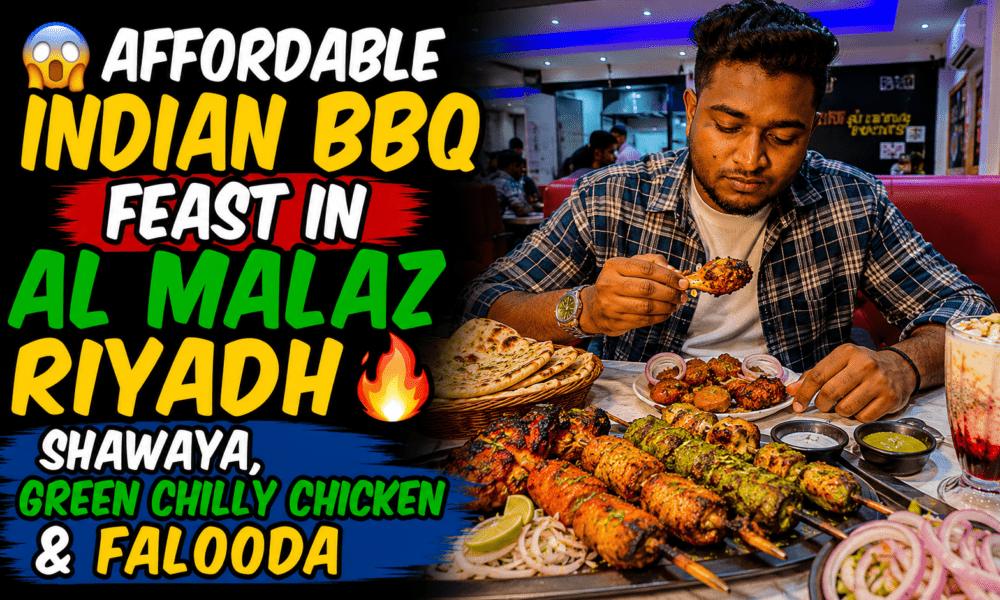 Affordable Indian BBQ feast in Al Malaz Riyadh featuring Shawaya, Green Chilli Chicken, Dynamite Chicken Fry, and Royal Falooda.