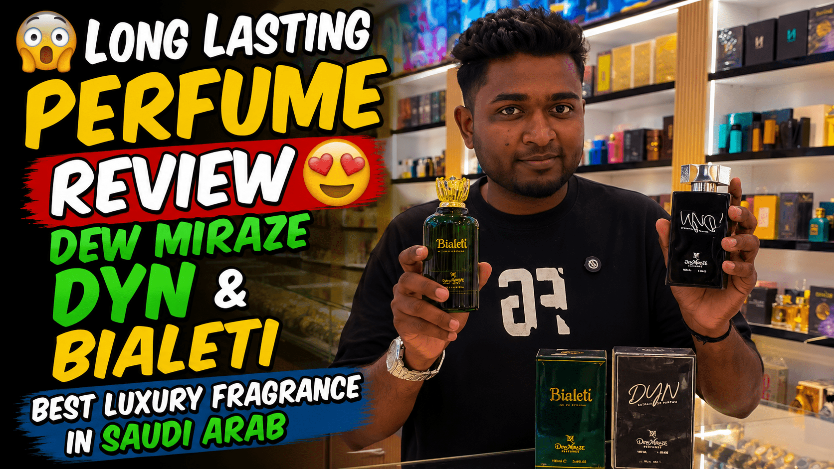 Long lasting luxury perfume review featuring Dew Miraze DYN and Bialeti fragrances in Saudi Arabia