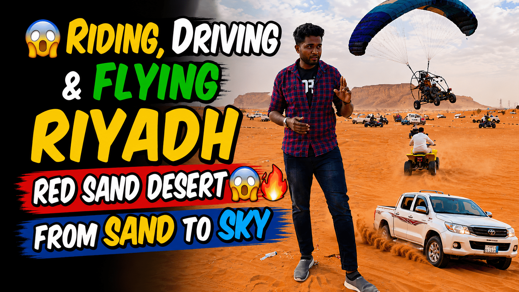 Adventure at the Riyadh Red Sand Desert featuring ATV riding, dune bashing, and paramotor flying