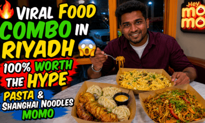 Viral food combo in Riyadh featuring Shanghai noodles, creamy pasta, and momos at Hey Momo