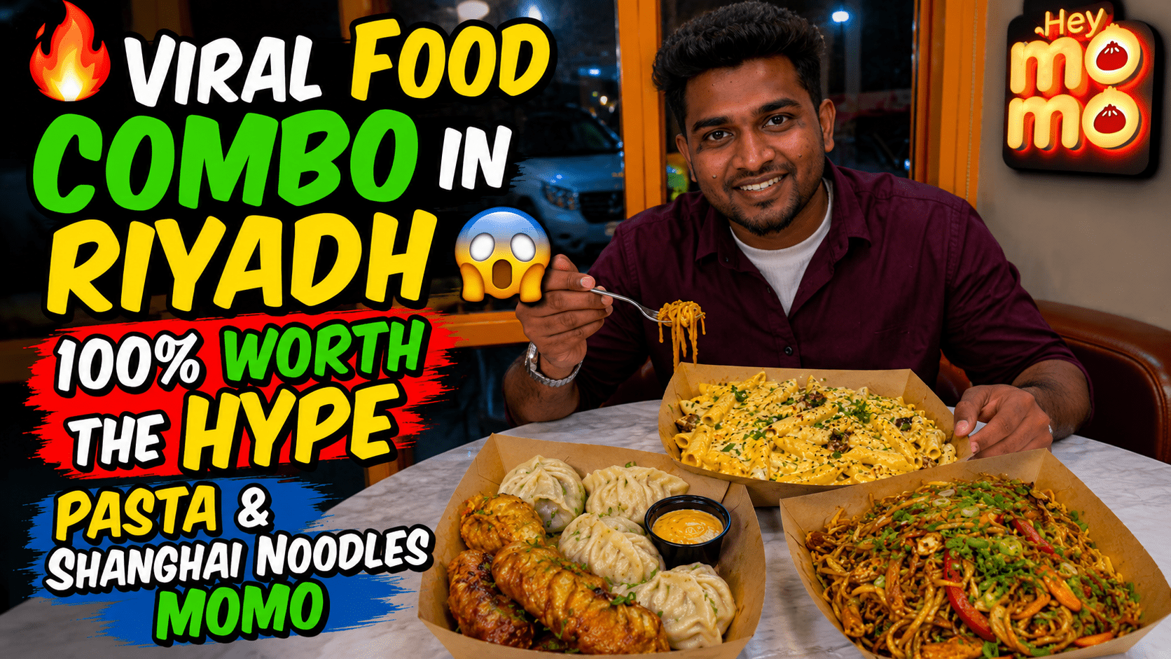 Viral food combo in Riyadh featuring Shanghai noodles, creamy pasta, and momos at Hey Momo
